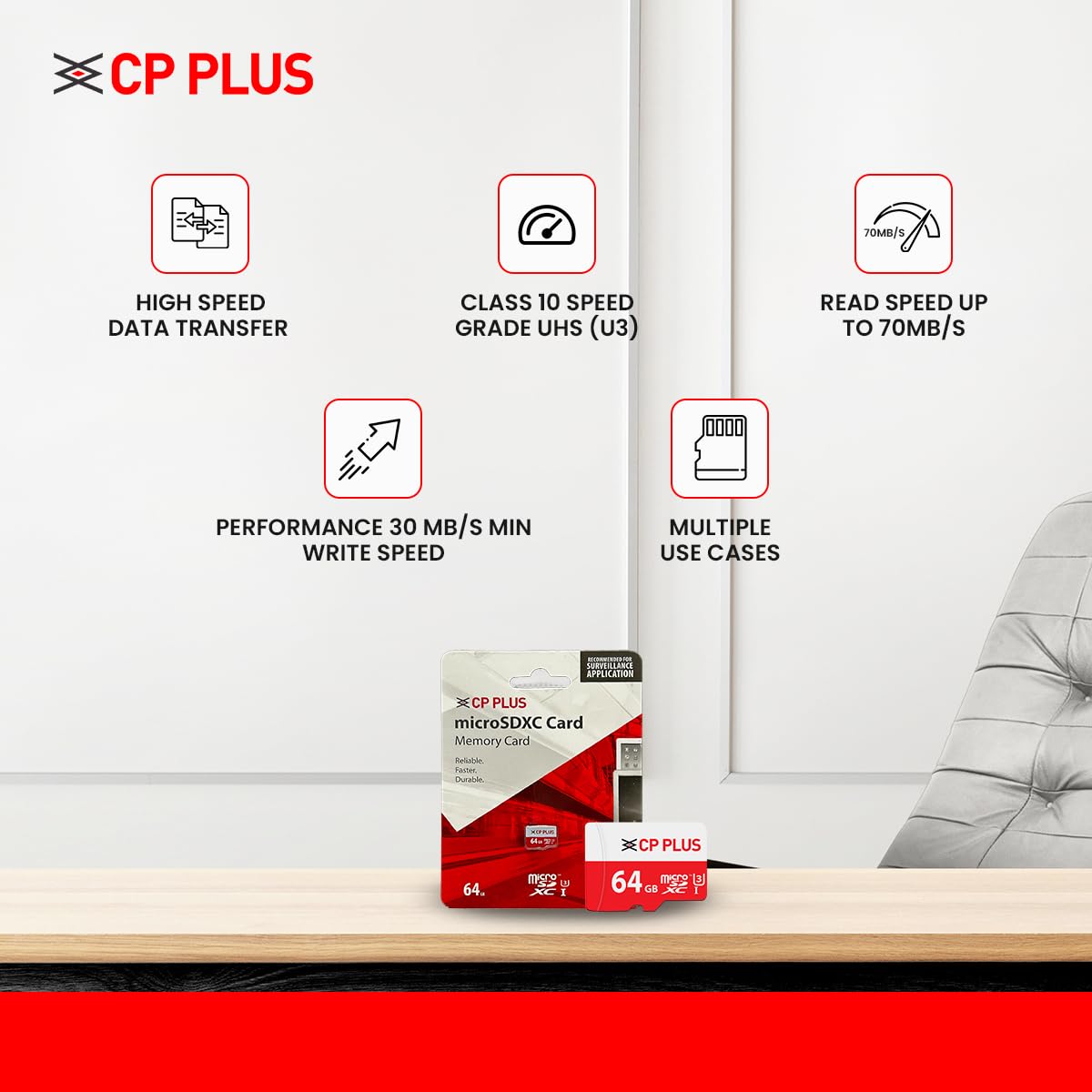 CP Plus CP-UM64C 64GB microSDXC Memory Card Grade UHS-3 Class 10, Up to 70 Mbps Reading & 30 Mbps Writing Speed