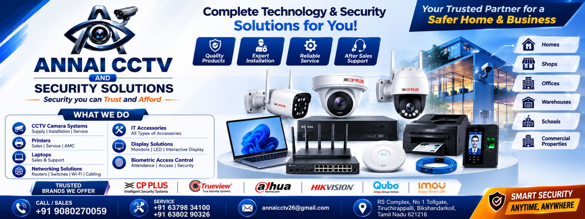 A promotional banner for Annai CCTV Security Solutions, featuring multiple CCTV cameras, a NVR, a laptop, and various security service icons and text on a blue and white background.