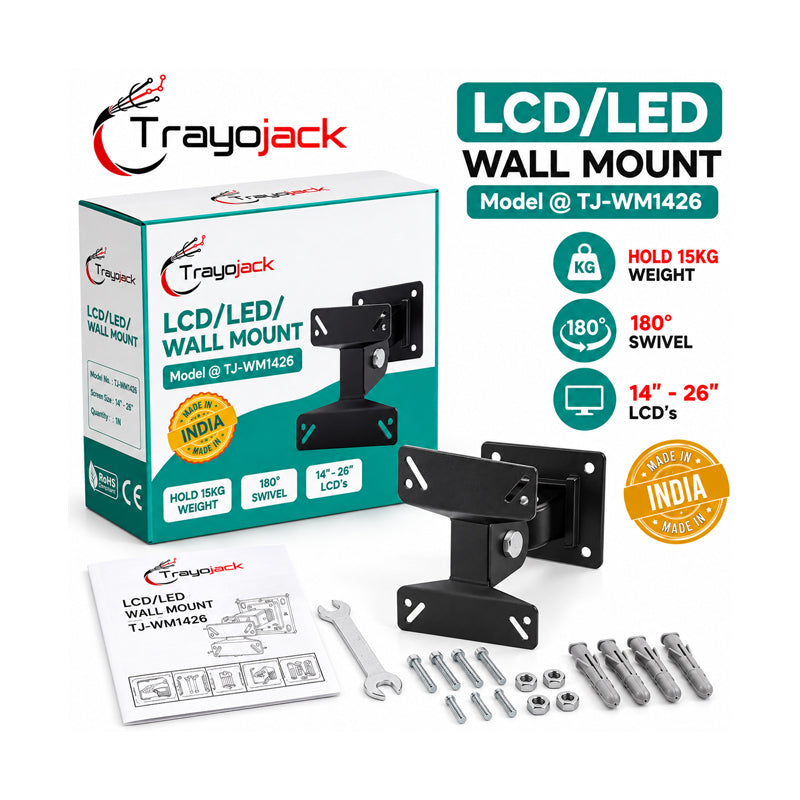 Trayojack TJ-WM-1426 LCD/LED Wall Mount – 14" to 26" | 180° Swivel | 15KG Capacity