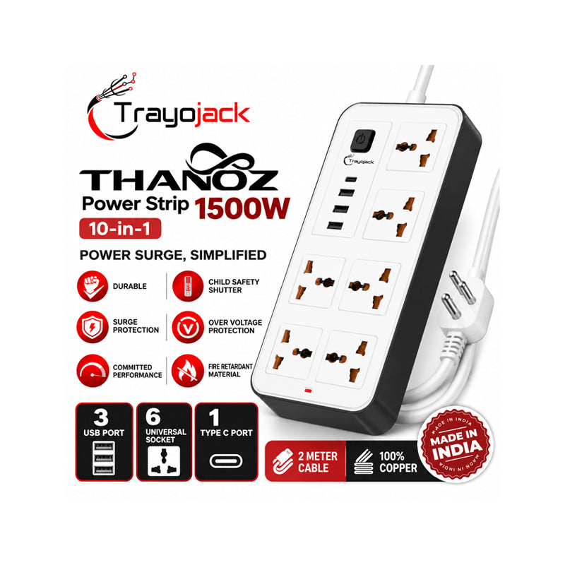 Trayojack Thanoz 1500W 10-in-1 2m Power Strip with USB & Type-C TJ-SP10-2.0M